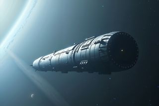 A cylindrical spacecraft travels through interstellar space.