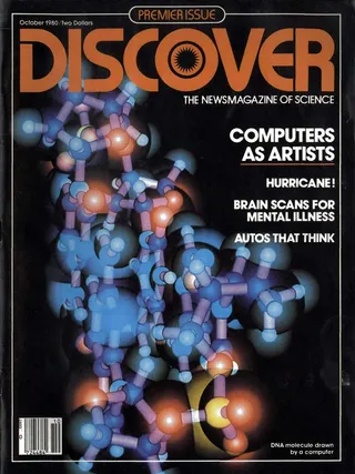 The cover of the October 1980 issue of Discover Magazine, showing an image of a DNA molecule drawn by a computer