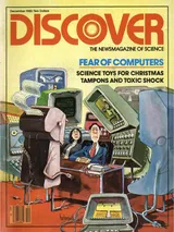 The cover image of the December 1980 issue of Discover Magazine, showing an artist's image of personified computer terminals looming over two people seated at a desk