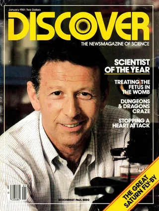 The cover image of the January 1981 issue of Discover Magazine, showing a photograph of biochemist Paul Berg