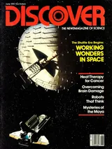 The cover image of the June 1981 issue of Discover Magazine, showing an image of the space shuttle approaching a satellite in space
