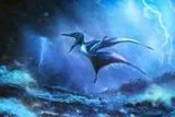 An artist’s impression of a tiny Pterodactylus hatchling struggling against a raging tropical storm, inspired by fossil discoveries. Artwork by Rudolf Hima.