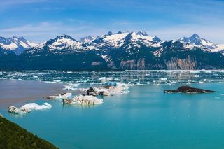 View of Alsek Lake with mountains in the background 