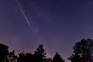 single falling star with trees in the background 