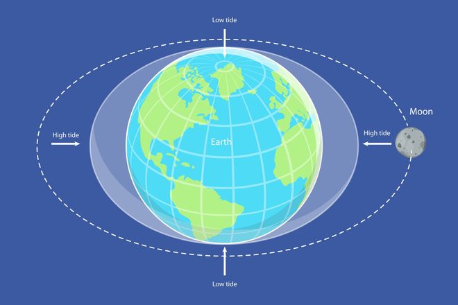 a diagram of how the moon impacts Earth's tides