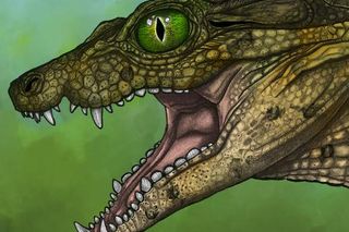 artist rendition of an ancient crocodile with odd teeth