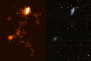 images of dwarf galaxies joined by bridge