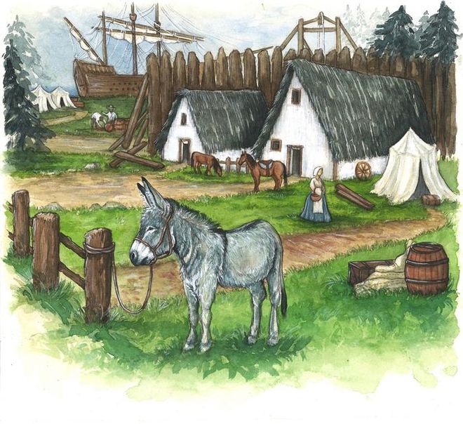 An illustration of a donkey in colonial Jamestown. An illustration of a donkey in colonial Jamestown.