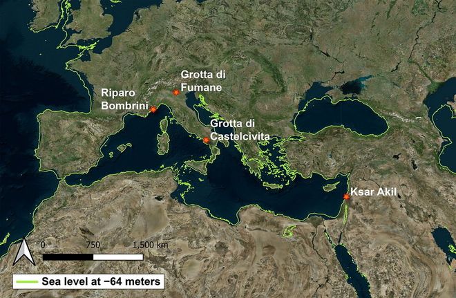 A map marked with four sites: Ksar Akil in Lebanon and Riparo Bombrini, Grotta di Fumane, and Grotta di Castelcivita in Italy. A map marked with four sites: Ksar Akil in Lebanon and Riparo Bombrini, Grotta di Fumane, and Grotta di Castelcivita in Italy.