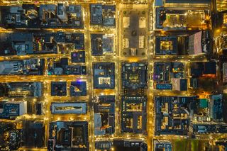 Top-down aerial view of city lights at night