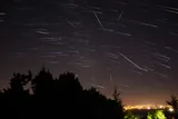 meteor shower streaking over trees 