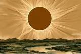 An illustration of an ancient total solar eclipse in the sky above a river and mountains in China.