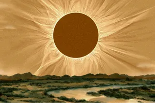 An illustration of an ancient total solar eclipse in the sky above a river and mountains in China.