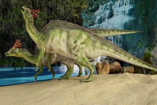 Illustration of two Olorotitans, type of duck-billed dinosaur 