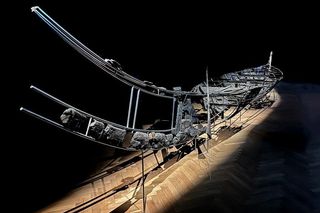 Hjortspring boat on display at the National Museum of Denmark