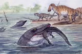Illustration of a Hell Creek Mosasaur eating another creature
