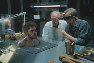 Archaeologists visualizing Neanderthal features using a VR headset Archaeologists visualizing Neanderthal features using a VR headset