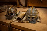 two replica Viking helmets