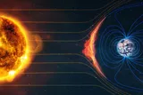 Illustration of the Sun's magnetic field and Earth