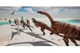Herd of plant eating dinosaurs walking through a muddy beach