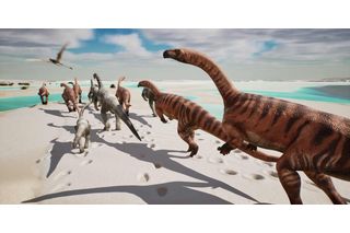 Herd of plant eating dinosaurs walking through a muddy beach Herd of plant eating dinosaurs walking through a muddy beach