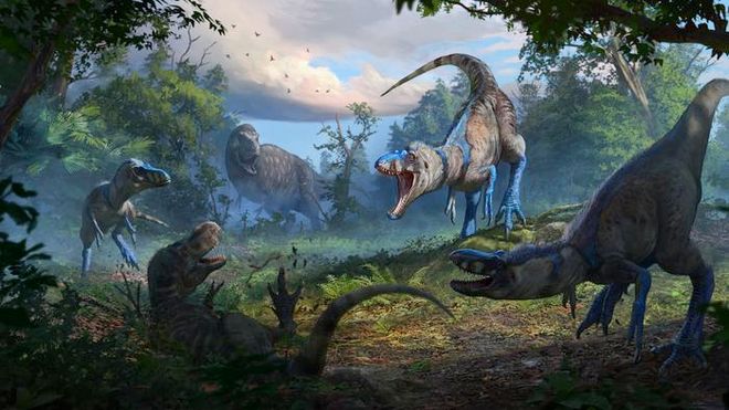 pack of Nanotyrannus fighting a juvenile T. rex