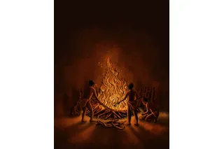 rendition of ancient humans around a pyre 