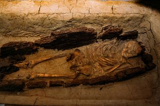 Ancient human remains buried in a tomb