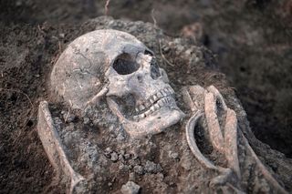 Medieval human remains in archaeological excavation