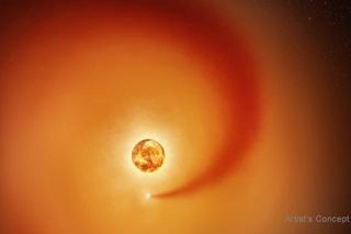 Artist’s concept of Betelgeuse and an orbiting companion star. the large red-orange star has a swirling shadow around it