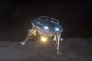 This visualization shows what the SpaceIL lander might look like landing on the lunar surface. (Credit: SpaceIL)