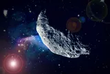 large asteroid in space with solar flare