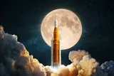 Illustration of the Artemis rocket with the moon in the background 