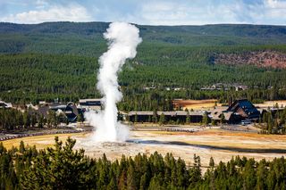 Old Faithful Geyser at Yellowstone National Park erupting 