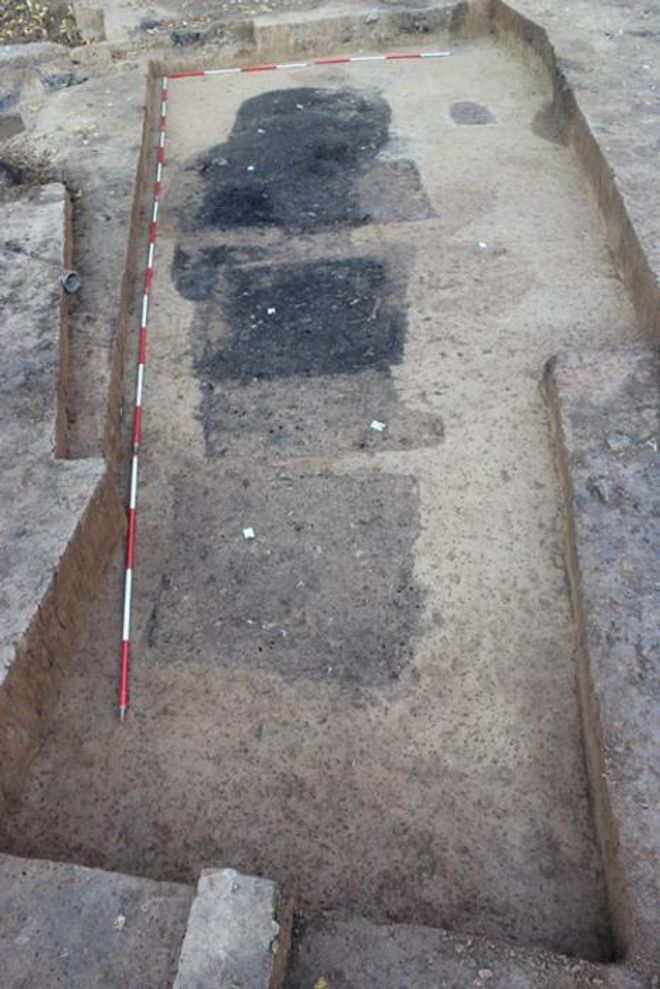 Overlapping cult pits discovered in the cult district of the ancient Roman site Nida, showing multiple excavated trenches likely used for sacrificial rituals and cult meals.