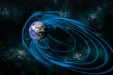 Depiction of Earth’s magnetic field lines surrounding the planet.