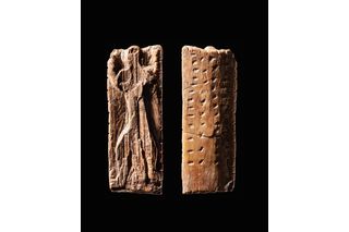 wood and ivory carved piece with possible early language 