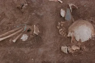 Archaeological site of Iron Age, showing details of human skeleton