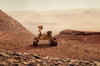 Curiosity rover exploring a hilly Martian landscape 