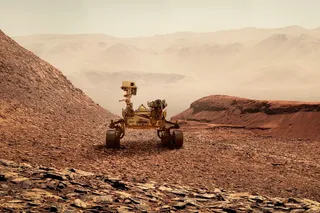 Curiosity rover exploring a hilly Martian landscape 