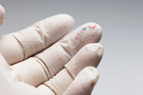 white gloved hand with microplastic fragments