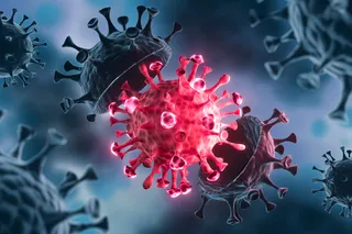 Illustration of coronavirus particles representing a COVID-19 mutation