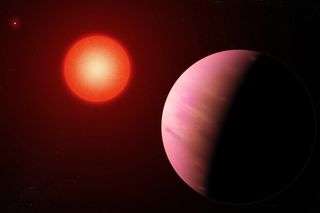 red dwarf and pink exoplanet