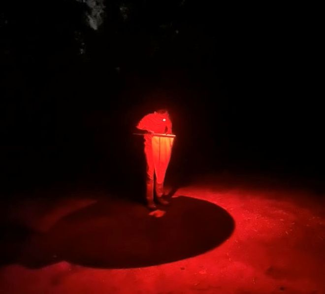 man with a redlight lamp catching fireflies 