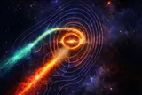 powerful orange and green jet emitting from a black hole 