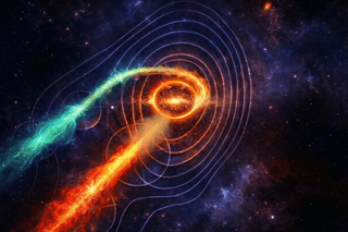 powerful orange and green jet emitting from a black hole 