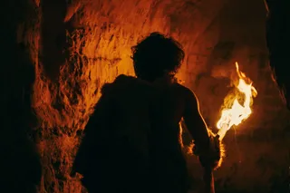 Early hominin walking with fire or charcoal