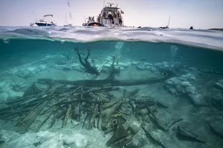 View of an ocean dive to the Ilovik-Paržine 1 shipwreck, an ancient Roman shipwreck
