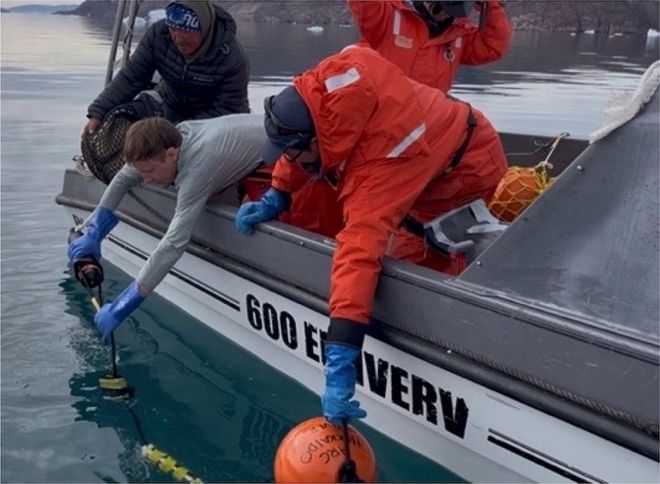 Researchers deploying an underwater camera to research the Arctic seafloor