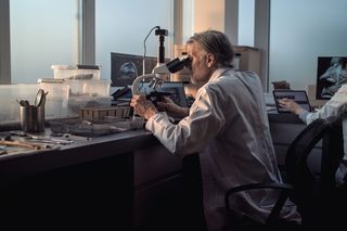 Researcher looking at fossils
